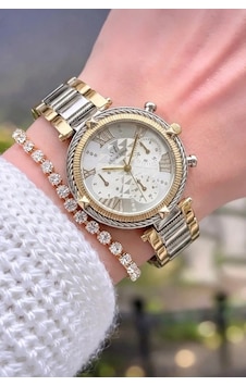 Kadın Kol Saati Takvimli Bileklik Hediyeli Gold Gümüş Çift Renk Çelik Kordon Analog Quartz Şık Lüks Klasik Zarif Kadın Saati Hediye Seçeneği Swt19 Çok Renkli