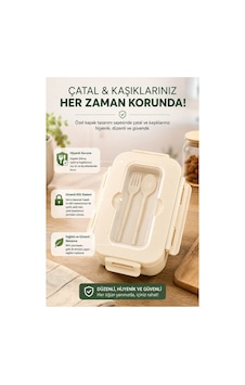 Piev Kilitli Sızdırmaz Çatal Kaşıklı 2 Bölmeli Beslenme Kabı Krem Piev Kilitli Sızdırmaz Çatal Kaşıklı 2 Bölmeli Beslenme Kabı Krem