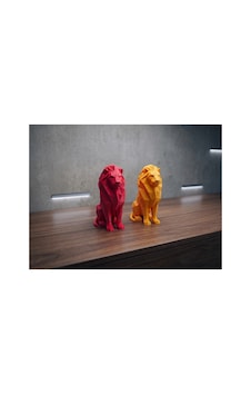 Geometrik Tasarım 2'li Aslan Heykeli Seti - Modern Dekoratif Biblo Kırmızı & Sarı