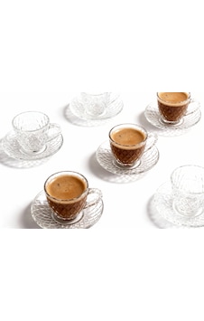 Assa Bazaar 6 Lı Zarif Desenli Cam Kahve Fincanı & Tabak Seti Beyaz