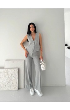 Kadın Çizgili Tansel Kumaş Yelek Pantolon İkili Takım Ofis Şık Modern - Gri