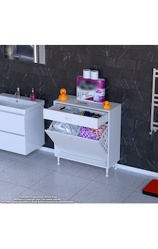 Modilayn Emir 75 X 88 X 32,5 Cm 2 Göz Sepetli Kirli Çamaşır Banyo Dolabı Piratik Çok Foksiyonlu Düzenleyici Dolap Beyaz