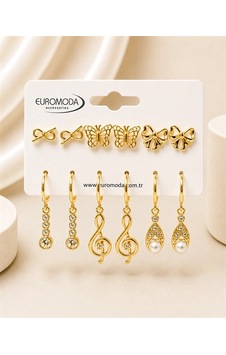 Kelebek Müzik Notası Detaylı Gold Renk 6'lı Küpe Seti Kelebek Müzik Notası Detaylı Gold Renk 6'lı Küpe Seti