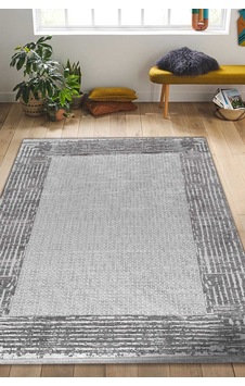Parlak Saten Dokulu Poem Bambu Tuşe Klasik Çerçeve Desenli Halı Pm08 Beyaz Açık Gri