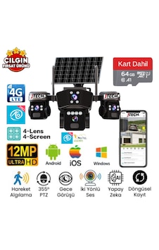 O-kam Ok-303 Premium 4g 4x3mp 12mp 4g Sim Kartlı Solar Panelli 4 Lens 1 Alert Ptz Akıllı Kamera + 64gb Sd Kart