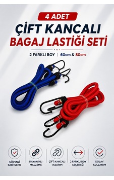 4 Adet Çift Kancalı Bagaj Lastiği Seti - 2 Farklı Boy 60cm Ve 80cm - Sabitleme Lastiği 4 Adet Çift Kancalı Bagaj Lastiği Seti - 2 Farklı Boy 60cm Ve 80cm - Sabitleme Lastiği