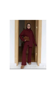 Moda Kadın Bordo Atkılı Saç Örgülü Pantolon Triko 3'lü Takım Moda Kadın Bordo Atkılı Saç Örgülü Pantolon Triko 3'lü Takım