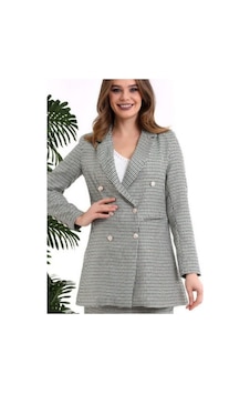 Kadın Kruvaze Uzun Blazer Ceket Ekoseli Blazer Ceket Gri Gri