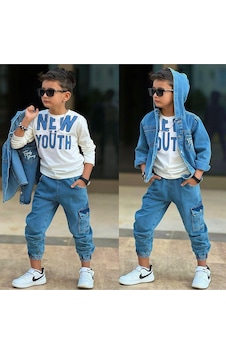 My Kids Wear Erkek Çocuk Bayramlık Kapüşonlu Kot Ceket, Pantolon & Tişört 3 Lü 12489 Beyaz - Mavi My Kids Wear Erkek Çocuk Bayramlık Kapüşonlu Kot Ceket, Pantolon & Tişört 3 Lü 12489 Beyaz - Mavi