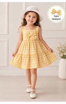 Esila Kids Kız Çocuk Ekose Elbise Toka Hediyeli Fiyonklu Askılı Katlı Etekli Yazlık Model Sarı
