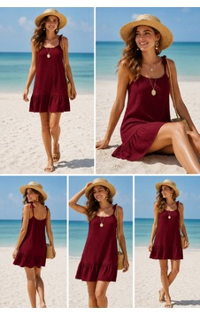Norvessa Kadın Bordo Askılı Fırfırlı Bol Kesim Viskon Mini Plaj Elbisesi S/m Beden H110412 Mh-hs8381261160