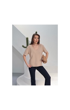 Paw Garage Kadın Massi İnterlok Kumaş V Yaka Oversize T-shirt Bej Paw Garage Kadın Massi İnterlok Kumaş V Yaka Oversize T-shirt Bej