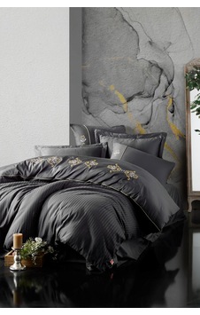 Cotton Box Brode Nakışlı Saten Çift Kişilik Nevresim Takımı King Antrasit Renkli Cotton Box Brode Nakışlı Saten Çift Kişilik Nevresim Takımı King Antrasit Renkli