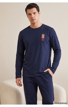 Siyah İnci Baskılı Pamuklu Likralı Örme Pijama Takım 26241803 Lacivert Siyah İnci Baskılı Pamuklu Likralı Örme Pijama Takım 26241803 Lacivert