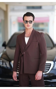 Modefendi Şal Yaka Kuşak Detaylı Blazer Ceket Kahverengi Modefendi Şal Yaka Kuşak Detaylı Blazer Ceket Kahverengi