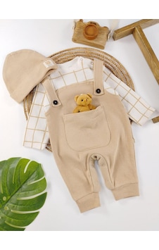 Aydınlar Bebe Waffle Bereli Ayıcık Oyuncaklı Çıtçıtlı Erkek Bebek Tulum Krem