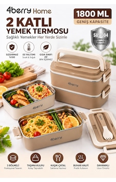 2 Katlı Yemek Termosu 3 Bölmeli 1800 Ml Taşınabilir Yemek Kabı, 304 Paslanmaz Çelik, Sızdırmaz, Isı Yalıtımlı, Kaşıklı Kahverengi