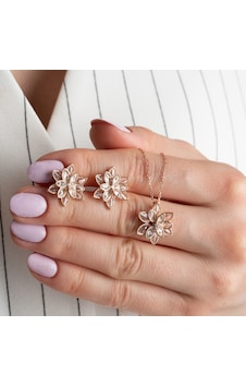 925 Ayar Lotus Çiçeği Gümüş Kolye Küpe Set