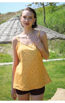 2k Moda Çizgi Kadın Şortlu Tankini Elbise Mayo Sarı 36001 001