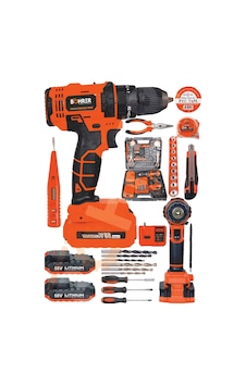 Böhrer 32dt Böhr 58v 5ah Darbeli Metal Şanzıman 32 Parça Full Set Dark Orange Çift Akülü Şarjlı Vidalama Matkap