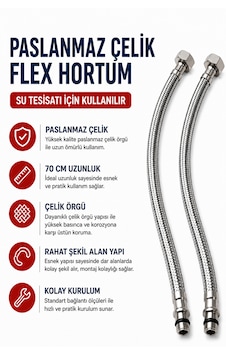 70 Cm Paslanmaz Çelik Örgülü Flex Hortum 3/8 Su Bağlantı Hortumu Batarya Ve Klozet Uyumlu 70 Cm Paslanmaz Çelik Örgülü Flex Hortum 3/8 Su Bağlantı Hortumu Batarya Ve Klozet Uyumlu