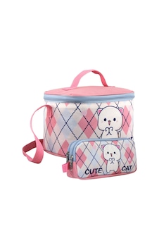 Cennec Kız Çocuk Love Cute Cat Desenli Beyaz Pembe Beslenme Çantası Ve Kalemlik Seti Beyaz - Pembe
