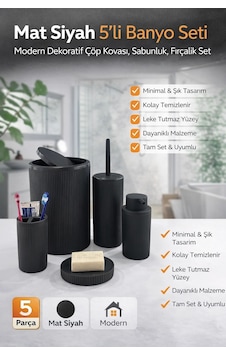 5li Siyah Çizgili 5 Parça Banyo Seti Yuvarlak Çöp Kovası Tuvalet Fırçası Sabunluk Diş Fırçalık 5li Siyah Çizgili 5 Parça Banyo Seti Yuvarlak Çöp Kovası Tuvalet Fırçası Sabunluk Diş Fırçalık