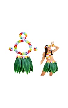 Yetişkin Hawaii Kostüm Seti - Yaprak Etek & Hawaii Set - 5 Parça