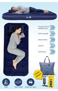 Livenzi Tek Kişilik Şişme Yatak Yastık + Manuel Şişirme Pompası 191 76 22 Cm Lacivert Livenzi Tek Kişilik Şişme Yatak Yastık + Manuel Şişirme Pompası 191 76 22 Cm Lacivert