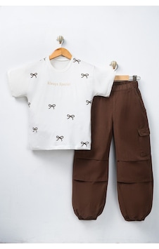 Aden Kids 10-13 Yaş Kahverengi Renk Oversize Kız Çocuk Pamuk Keten Pantalonlu Alt Üst Takım Kahve Krem