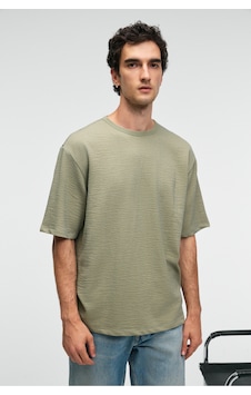 Grimelange Vıntage Erkek Kısa Kollu Yuvarlak Yaka Dokulu Gofre Kumaş Regular Fit Haki T-shirt Haki