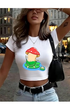 Noıssey Banyo Mantarı Baskı Kadın Kırpma T-shirt Yaz Yüksek Elastik Yumuşak Üstler Uydurma İnce Kısa Beyaz Noıssey Banyo Mantarı Baskı Kadın Kırpma T-shirt Yaz Yüksek Elastik Yumuşak Üstler Uydurma İnce Kısa Beyaz