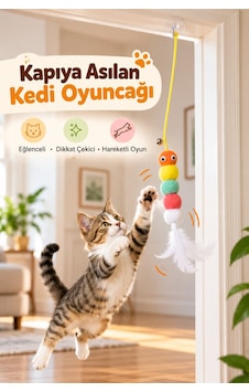 Kedi Oyuncağı Kapıya Asılan Vantuzlu İpli Çıngıraklı Tüylü Ponponlu Zıplama Ve Avlanma Oyuncağı