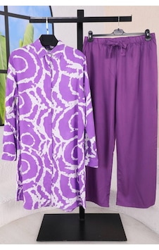 Polologin Butik Battal Beden Rahat Kalıp Mavi Mor Yeşil Viskon Takım Mor