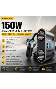 Essager 150w Çift Çakmaklık Çoğaltıcı Araç Şarj Adaptörü 3 Usb 2 Type-c 12-24v Araç Çakmaklık Çoğaltıcı Essager 150w Çift Çakmaklık Çoğaltıcı Araç Şarj Adaptörü 3 Usb 2 Type-c 12-24v Araç Çakmaklık Çoğaltıcı