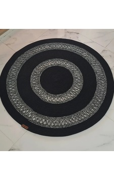 Siyah Yuvarlak Paspas Beyaz Kırçıllı Detaylı 100x100 Cm El Emeği Çok Renkli