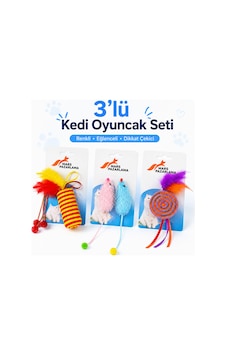 3 Lü Kedi Oyuncak Seti Tüylü Fare Ve Renkli Oyun Oyuncakları