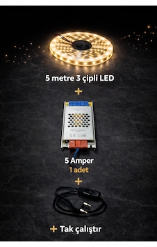 3 Çipli 5 Metre Beyaz Let + 5 Amper Trafo Set Gün Işığı 3 Çipli 5 Metre Beyaz Let + 5 Amper Trafo Set Gün Işığı