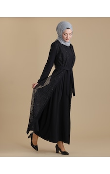 Siyah İkili Abaya Transparan Kristal Taşlı Kemerli Tesettür Ferace 001 Siyah İkili Abaya Transparan Kristal Taşlı Kemerli Tesettür Ferace 001