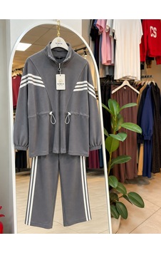 Nirva Butik Kadın Büyük Beden Şerit Fermuarlı İkili Takım Gri