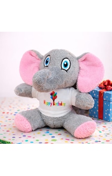 Happy Birthday Tişörtlü Peluş Oyuncak Fil Gri Happy Birthday Tişörtlü Peluş Oyuncak Fil Gri