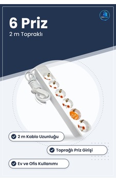 6 Prizli Topraklı Grup Uzatma Kablosu 2 M Çoklu Cihaz Bağlantılı 6 Prizli Topraklı Grup Uzatma Kablosu 2 M Çoklu Cihaz Bağlantılı