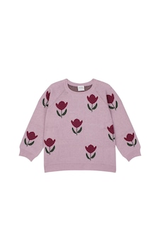 Antebies Pembe Lale Desenli, Raglan Kollu Triko Kız Çocuk Kazak