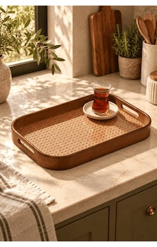 Atbyhome Akasya Çerçeveli Hazeran Dikdörtgen Tepsi 40x28 Cm - Kulplu Bohem Çay Kahve Sunum Tepsisi