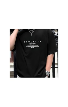 Caddemia Yaz Moda Rahat Gevşek Büyük Brooklyn Mektup Desen Baskılı Yuvarlak Yaka Kısa Siyah 2XL Caddemia Yaz Moda Rahat Gevşek Büyük Brooklyn Mektup Desen Baskılı Yuvarlak Yaka Kısa Siyah 2XL