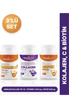 Hotay Nutrition Wooggs Vital Hidrolize Kollajen Tip 1-3 60 Tablet + Vitamin C 1000 Mg 120 Tablet + Biotin 5000 Mcg 3'lü Hotay Nutrition Wooggs Vital Hidrolize Kollajen Tip 1-3 60 Tablet + Vitamin C 1000 Mg 120 Tablet + Biotin 5000 Mcg 3'lü