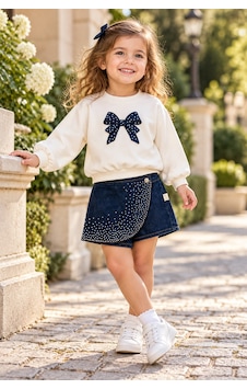 Beniizle Kız Çocuk Fiyonk Detaylı Sweatshirt Ve Taşlı Denim Şort Etek 2 Li Takım Beyaz