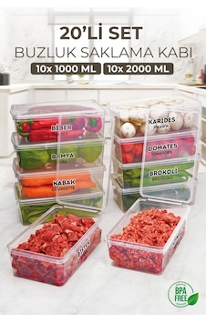 Kitchen Life 20 Adet Kapaklı Derin Dondurucu Difriz Saklama Kabı - Buzdolabı Düzenleyici 10 x (1000ml) 10 x (2000ml) Şeffaf