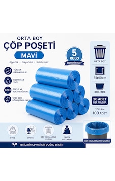 Orta Boy Mavi Çöp Poşeti 55x60 Cm 30 Litre 5 Rulo X 20 Adet Toplam 100 Adet Dayanıklı Sızdırmaz Çöp Torbası Orta Boy Mavi Çöp Poşeti 55x60 Cm 30 Litre 5 Rulo X 20 Adet Toplam 100 Adet Dayanıklı Sızdırmaz Çöp Torbası