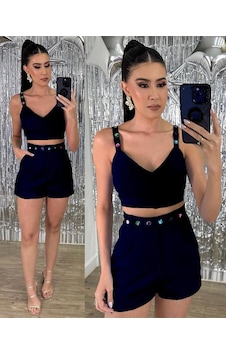 Tane Tasarım Kadın Taş İşlemeli Şortlu Kemerli Crop Bluz Takım Siyah Siyah Tane Tasarım Kadın Taş İşlemeli Şortlu Kemerli Crop Bluz Takım Siyah Siyah